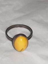 Vintage Polish Sterling Silver Egg Yolk Baltic Amber Cabochon Ring Size 7