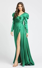 Mac Duggal New Long Puff Sleeve Satin Evening Gown Size 6 Emerald Green Dress