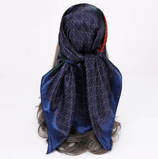 Women  s Silk Satin Square Scarf Navy Blue Logo Pattern Accent