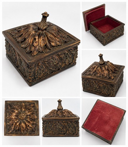 Vintage Copper Tone Brass Repousse Jewelry Trinket Box Red Velvet Ornate 7”