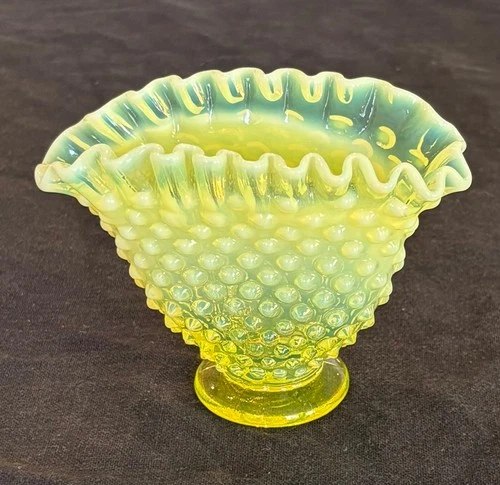 Uranium Glass Fenton Topaz Opalescent Hobnail Miniature Fan Vase