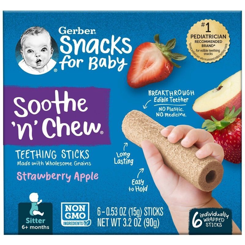 GERBER SOOTH 'N' CHEW BABY TEETHING STICK FOOD STRAWBERRY APPLE 3.2 OZ EACH (1)