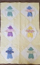 Vintage Hand Quilted Baby Quilt Farmer Boy on Yellow  White 50" x 33"