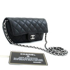 j99 CHANEL Authentic Flap Phone Holder With Chain Bag Black Crossbody Clutch