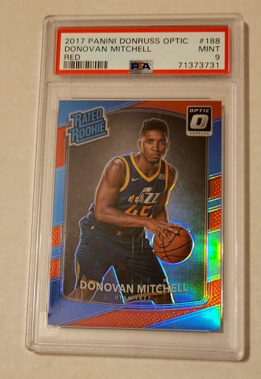 DONOVAN MITCHELL 2017 PANINI DONRUSS OPTIC ROOKIE RED PRIZM CARD #/99 PSA MINT 9