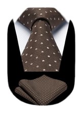 Mens Ties Brown Polka Dot Ties and Pocket Square Set Classic Woven Silk Neckt...