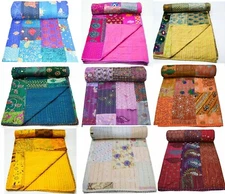 Indian Vintage Handmade Patchwork Print Kantha Quilt Bedspread Queen Throw Gudar