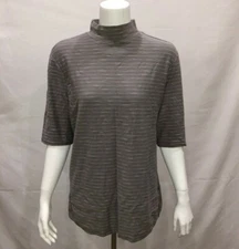 H by Halston Women's Allover Striped Slub Knit Mock Neck Top Grey Large Size QVC