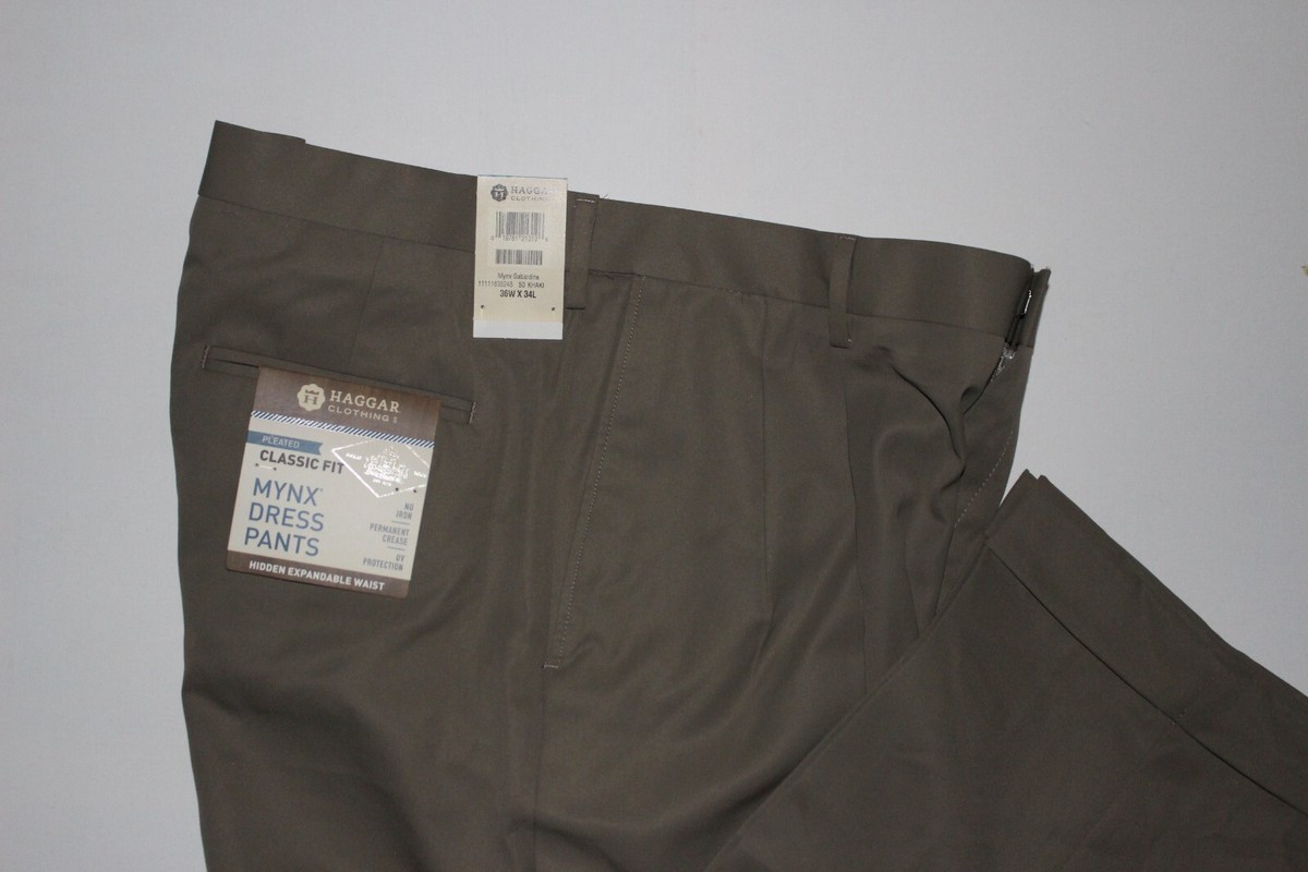 haggar mynx pleated no iron dress pants HAGGAR PLEATED CLASSIC FIT KHAKI MYNX GABARDINE DRESS PANTS SZ: 36 X 34 NWT