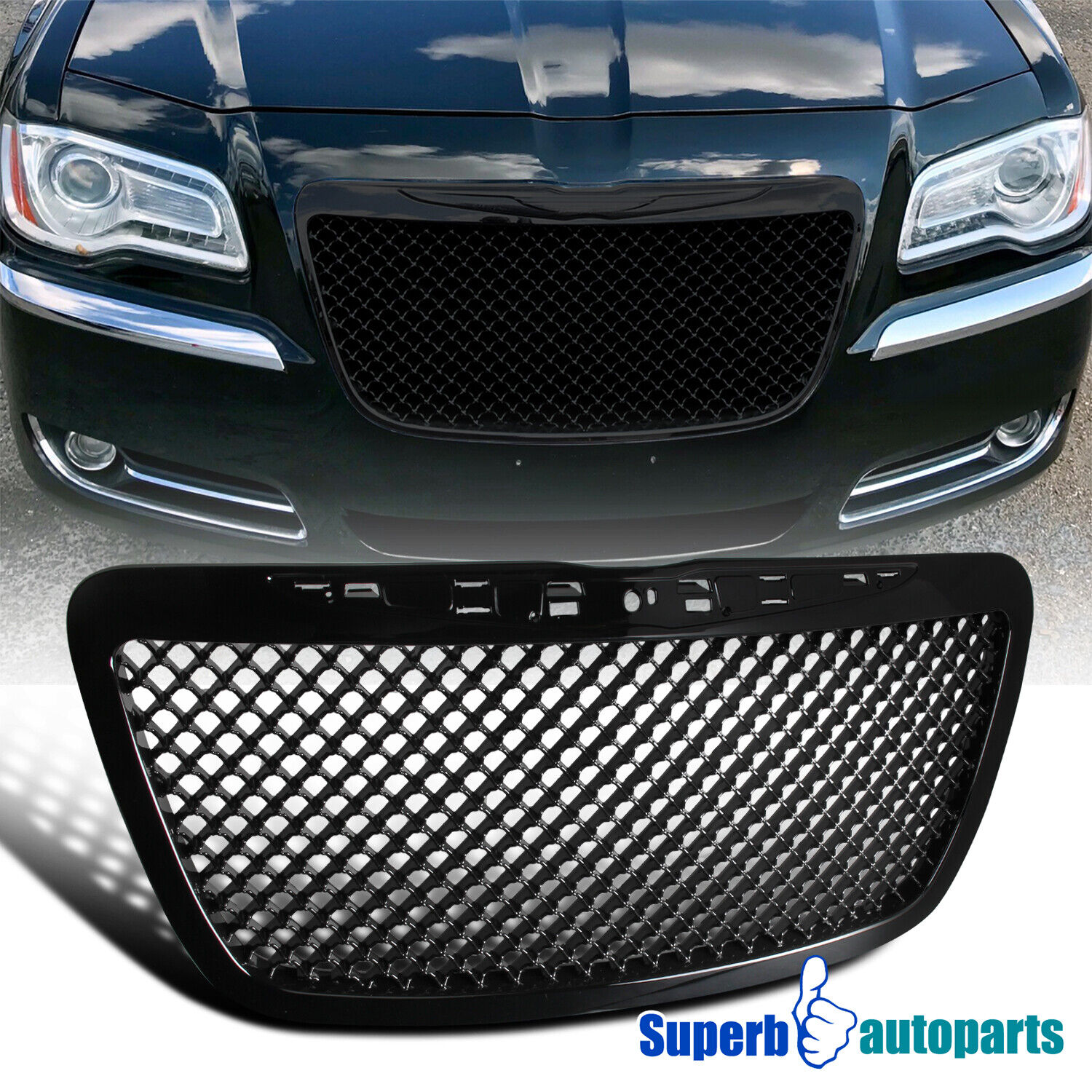 Fits 2011-2014 Chrysler 300 300C Black Mesh Honeycomb Style Front