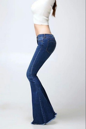 Vintage Hippe Womens Wide Leg Long Flared Bell Bottom Jeans Denim Trousers Pants - 第 4/12 張圖片