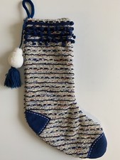 New Wondershop Blue Multi Color Woven Christmas Stocking Pom Pom Tassel 19"