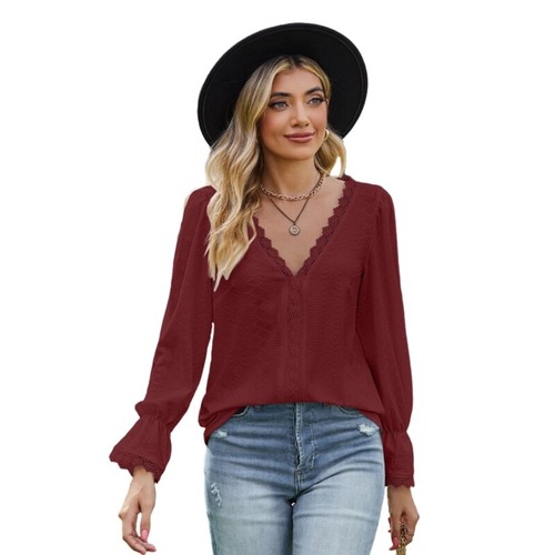 Women Flare Long Sleeve Loose Shirt Lace Crochet V-Neck Jacquard Tunics Blouse - Picture 12 of 38