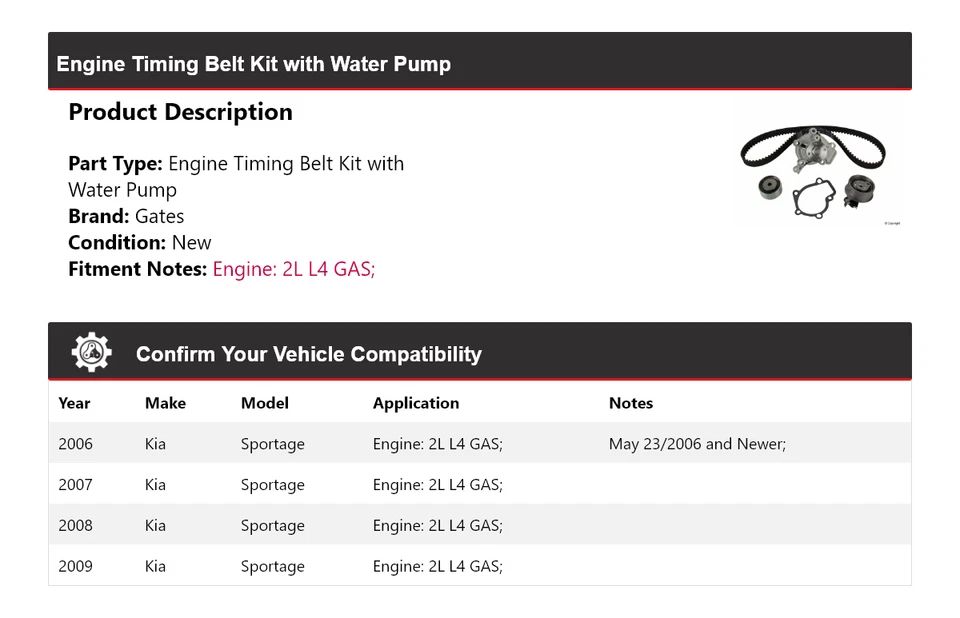 Kit de correia dentada para motor Kia Sportage 2006-2009 com portões de bomba de água 2007 - Imagem 2 de 4