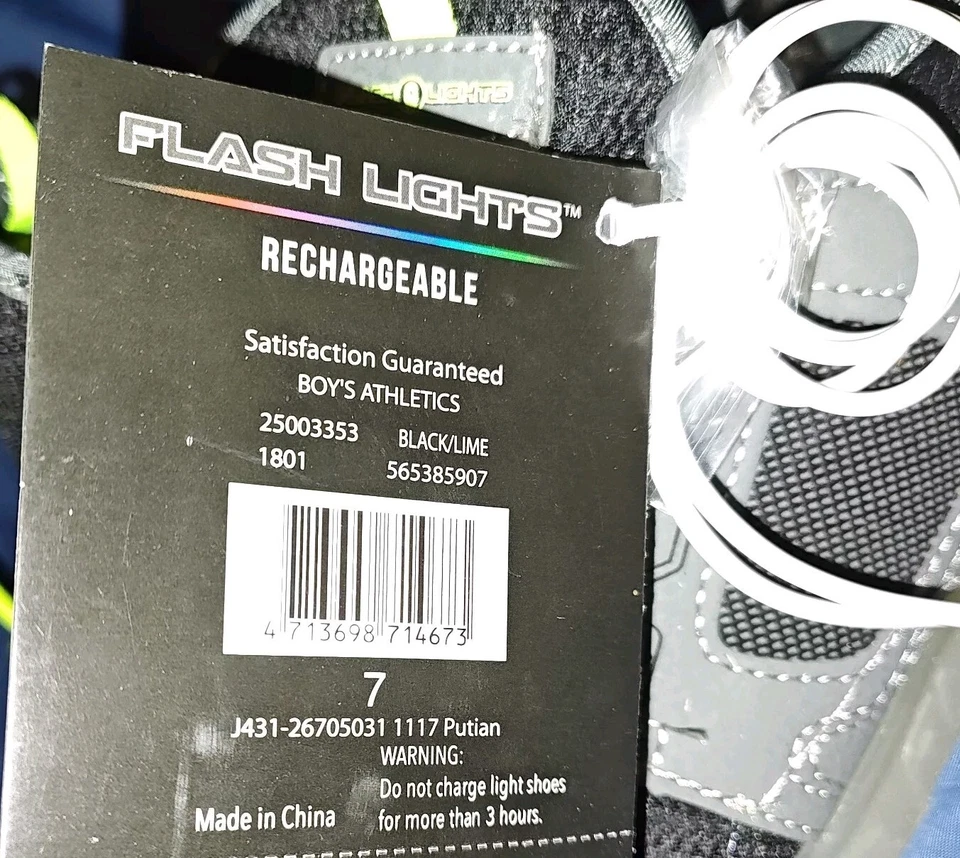 FLASH LIGHTS Tennis Shoes Boys 7 RECHARGEABLE Light up Black & Gray 3 Colors NW - Image 4 of 4