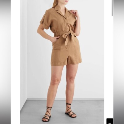 Iris + Ink Beige Noemie Tie Front 100% Linen Playsuit Romper Size 10