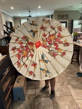 Vintage Bamboo Rice Paper Umbrella Blue Birds, Autumn Leaves