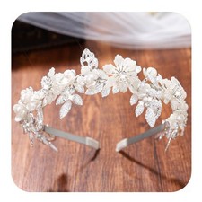 Silver Flower Bride Wedding Headband Leaf Bridal Headpiece Pearl Prom Hair