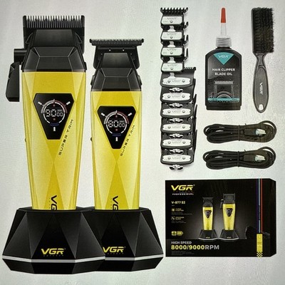 VGR Hair Clippers Kit, LED Display & Charging Base, 9000RPM, Cordless, Gold
