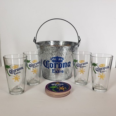 Corona Extra 17 pc. Gift Set Ice Bucket (4) 8oz. Pub Glasses, (12) Coasters Bar