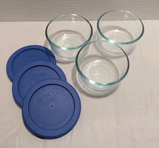 Lot of 3 Pyrex 7202- Glass Round 1 cup Food Storage Bowls Blue tint w/ blue lids