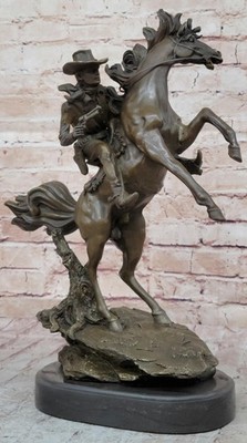 Signed Western Cowboy with Bucking Horse Bronze Sculpture Marble Base Artwork