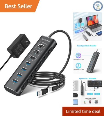 Aluminum 7-Port Powered USB Hub - Blazing-Fast 10Gbps Transfer & Safety Features