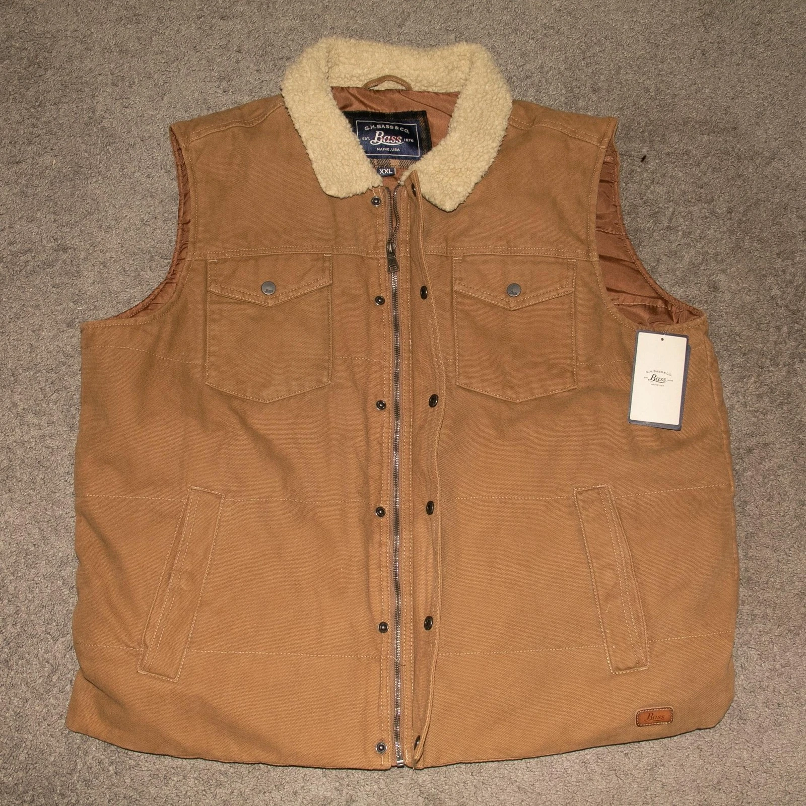 G H Bass Vest Mens 2XL Brown Sherpa Collar Canvas Outdoor Workwear Puffer