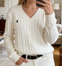 Ralph Lauren V Neck Cable Knit Jumper White Size S
