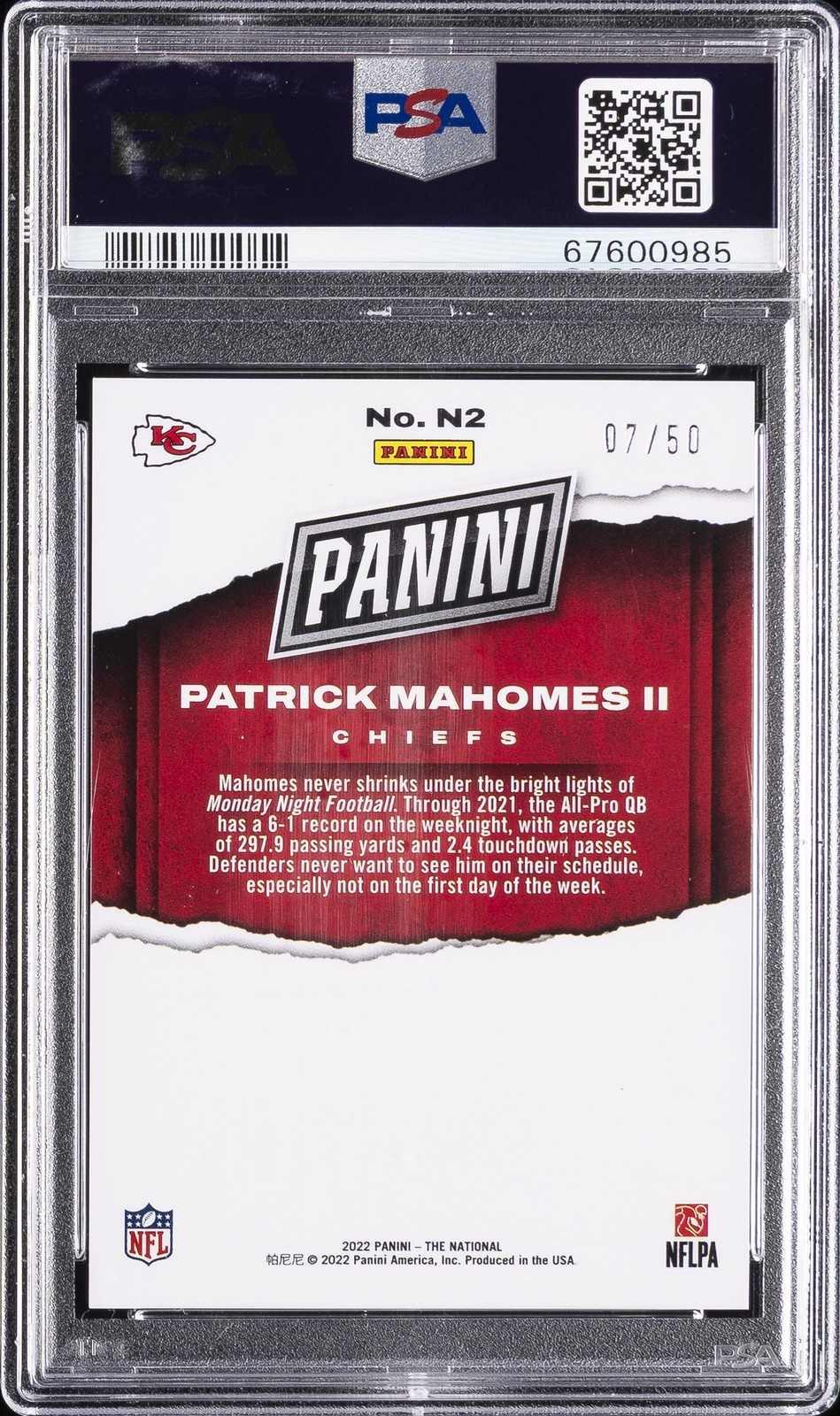 2022 PANINI NATIONAL INSERT BLUE #N2 PATRICK MAHOMES II 7/50 PSA 10 view 2