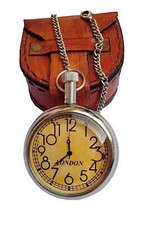Nautical Antique Brass Pocket Watch 2" American Elgin Look Leather Box