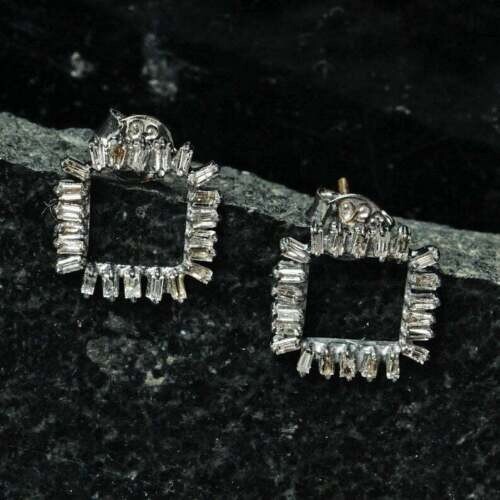 Earring Natural Pave Baguette Diamond 925 Sterling Silver Fine gift Jewelry
