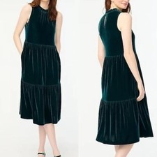 J. Crew Factory Velvet Sleeveless Midi Tiered Dress Green 0 Holiday Party BV966