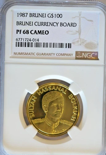 Brunei SULTAN HASSANAL BOLKIAH 1987 Currency Board 100 Dollars Gold Coin NGC 68