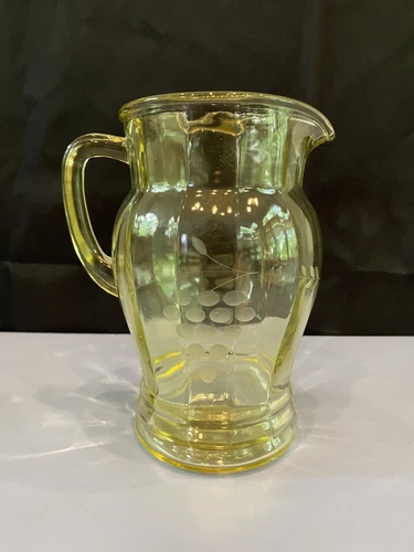 VINTAGE Yellow Depression Glass Paneled Design Pitcher W/Etched Grapes 8"H