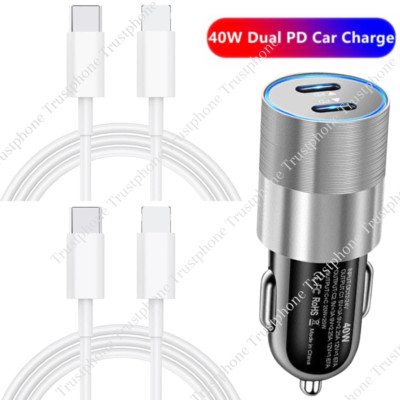 Dual Type C PD Fast 40W Car Charger Adapter Cable For iPhone 14 13 12 11 Pro Max
