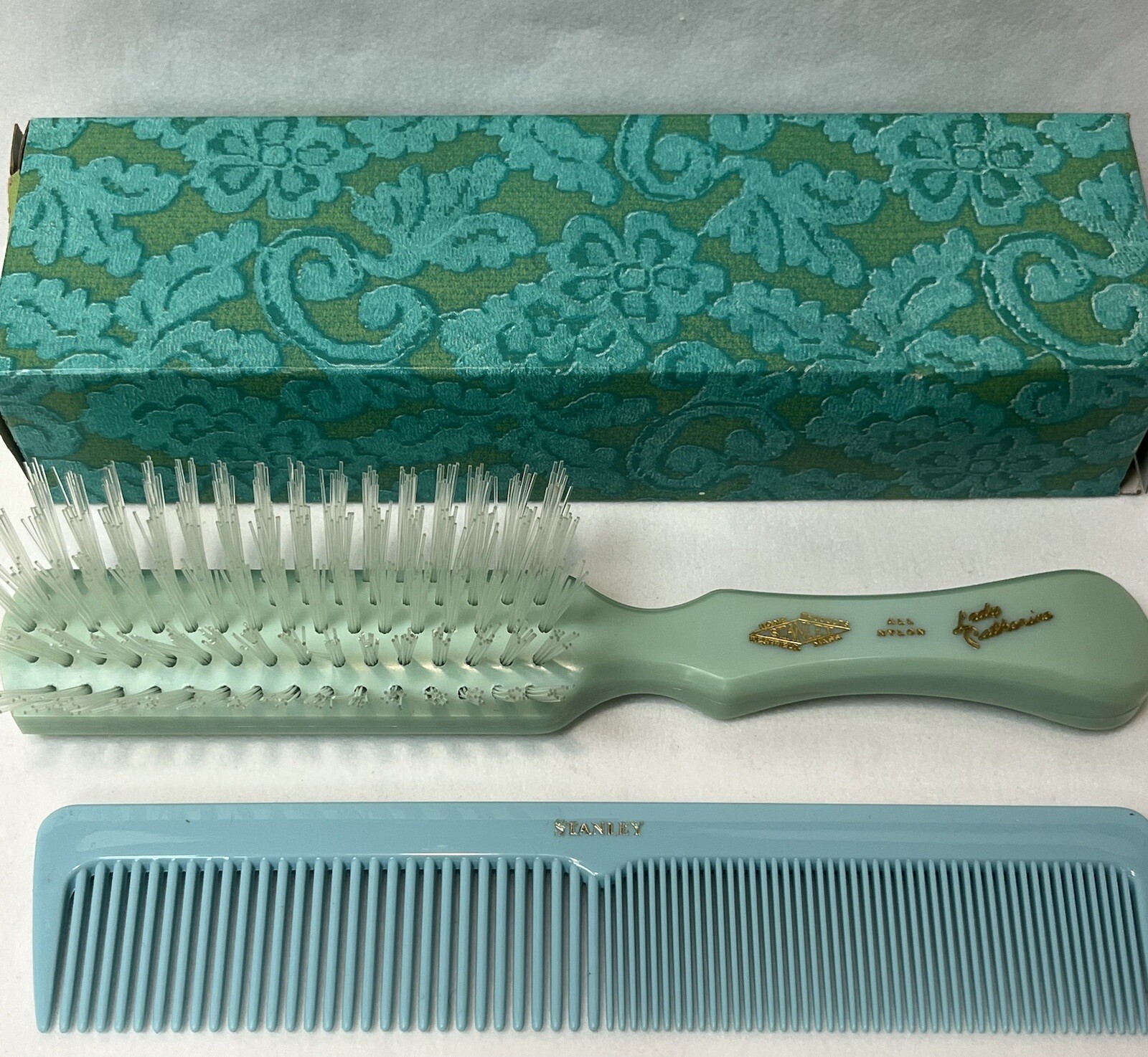 RARE Vtg STANLEY Lady Catherine Hairbrush & Comb Set CELESTIAL BLUE