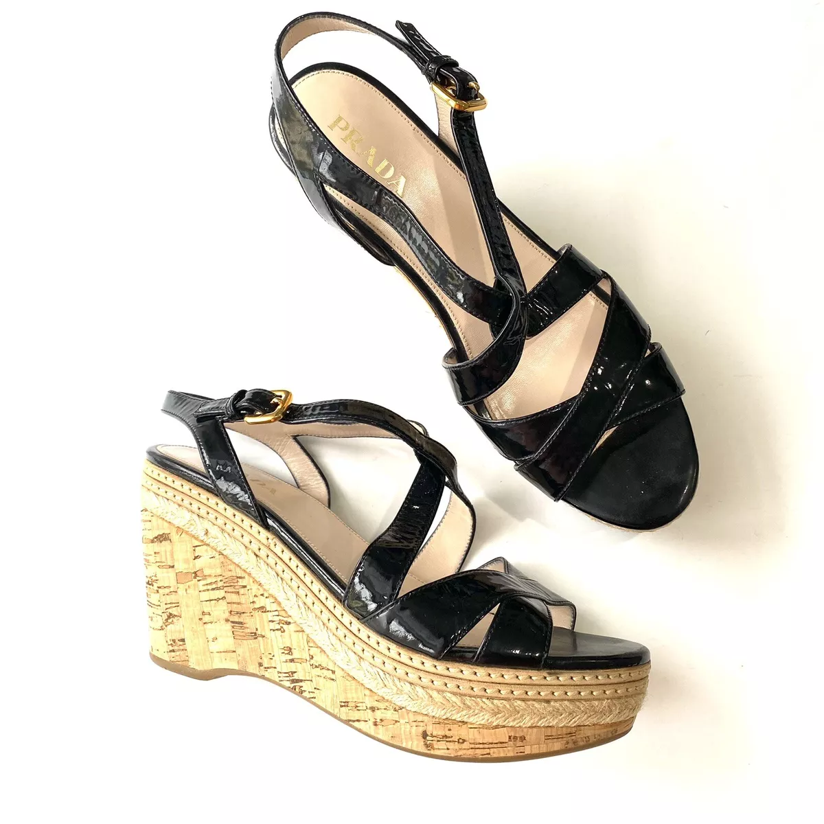 PRADA Womens 39/9 Strappy Slingback Black Patent Leather Platform Wedge