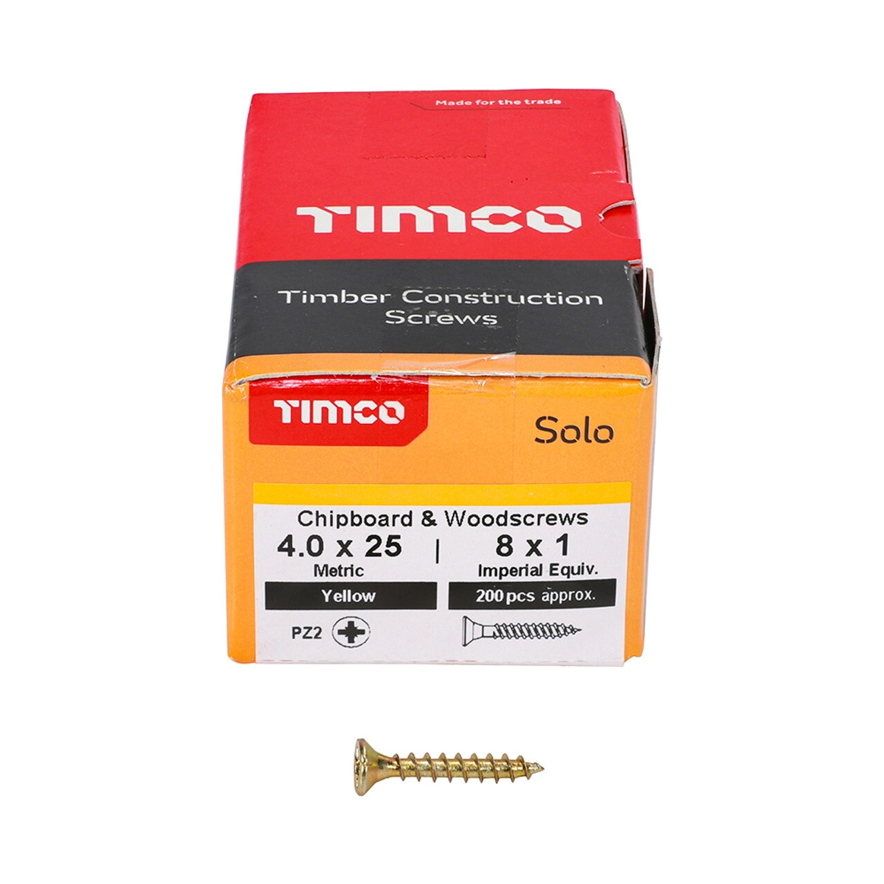 Timco 4.0 x 25mm Solo Woodscrew Zinc Yellow Passivated - Box of 200
