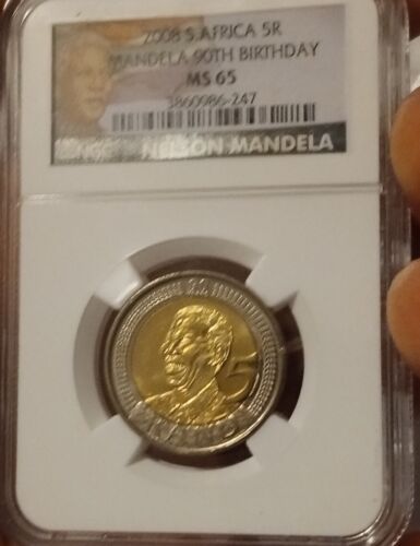 2008 Sudafrica 5 Rand 5R Nelson Mandela moneta 90° compleanno NGC MS65 - Foto 1 di 4