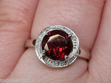 Garnet & Diamond Solitaire Swirl Halo Promise Ring Band- 10k Gold- Sz 6.25 or 7