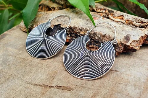 Large Brass Bohemian Gypsy Hoops Tribal Spiral Silver Handmade Hoop Earrings - Picture 2 of 3