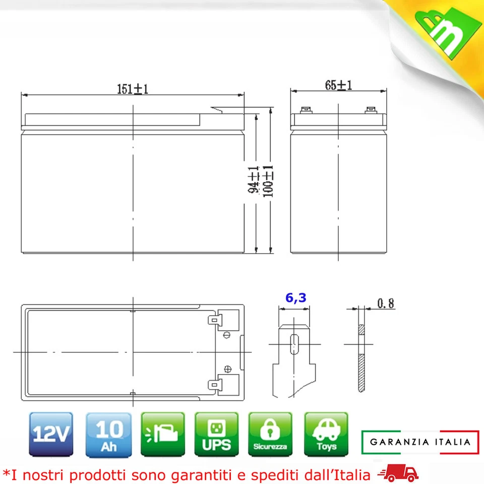BATTERIA ERMETICA RICARICABILE AL PIOMBO 12V 12 VOLT 10AH 9 AH 9AMPERE PER UPS - Immagine 2 di 2