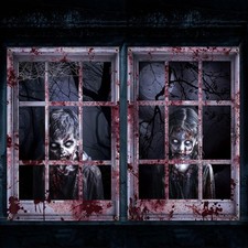 2 Pcs Scary Halloween Curtain Window Silhouette Cover Blood Horror