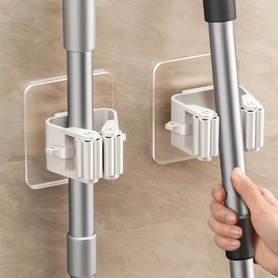 2 Pc Self Adhesive Wall Mounted Mop Holder Hooks Broom Hanger Spring Clip Rack | - image 1 of 4