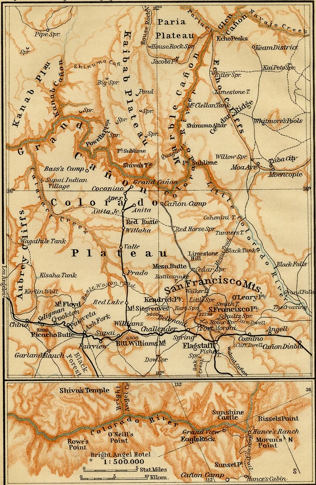 Antique Map-COLORADO PLATEAU-RIVER-USA-Karl Baedeker-Wagner & Debes-1909 - Image 3 of 4