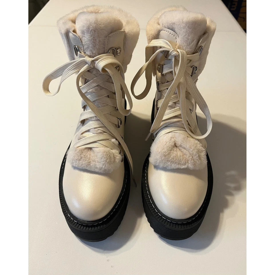 Cream Faux Fur Lined Lace Up Platform Boots Womens Sz 6.5 Winter Outdoors Cozy - Image 2 of 4
