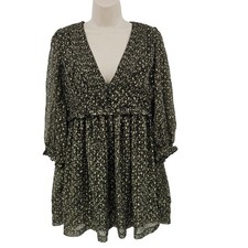 Urban Outfitters Babydoll Dress Women 10 Black Green Floral Mini Preppy Festive