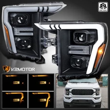 Black Fits 2021-2023 Ford F150 Projector Headlights LED DRL Sequential Signal