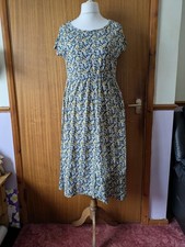 Cerulean Blue Diamond Yellow Floral Print Floral Cotton Midi Dress Pockets L